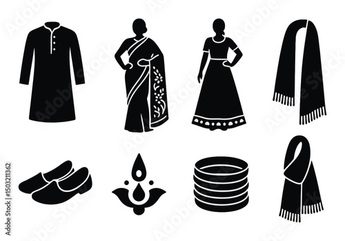 Diwali outfit silhouette icons set – traditional, festive indian clothing symbols