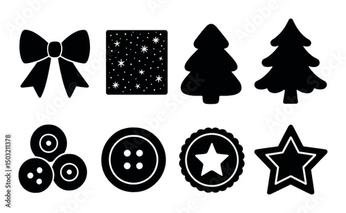 Festive card embellishments silhouette icons set – decoration, holiday, seasonal designs
