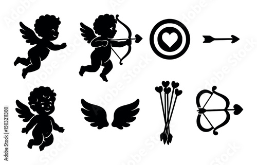 Cupid silhouette icons set – romantic arrows, love symbols and valentine's day signs