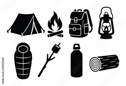 Camping essentials silhouette icons set – simple, outdoor adventure and gear symbols