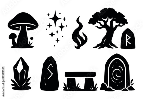 Enchanted forest silhouette icons set – mystical, nature and fantasy symbols collection