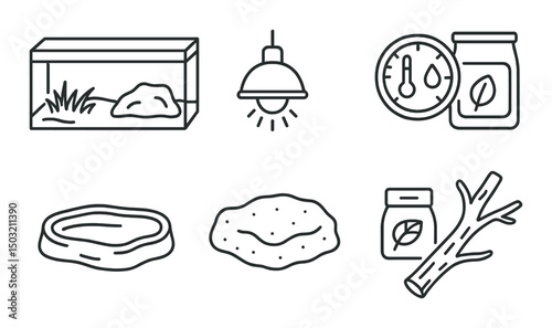 Reptile habitat essentials icons set – outline, terrarium and pet care design elements