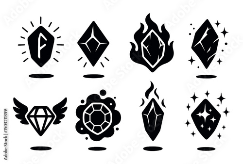 Mystical gems icons set – silhouette, magical jewels and mystical symbols collection