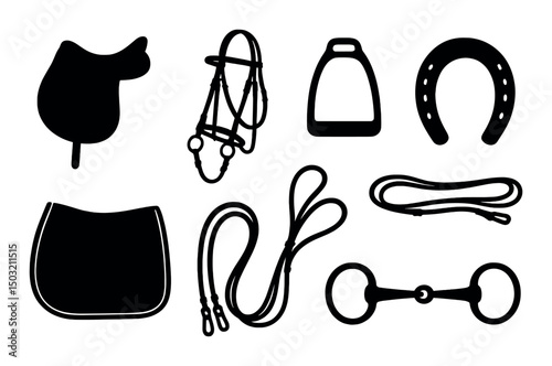 Horse tack silhouette icons set – simple, equestrian and riding gear symbols