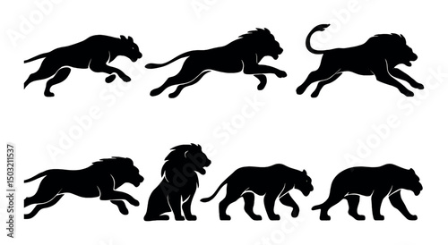 Wildlife and animal silhouette icons set – lion, feline and dynamic beast symbols