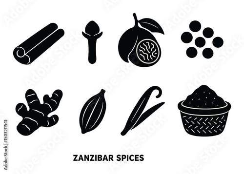 Zanzibar spice silhouette icons set – simple seasoning, herb, and flavor symbols
