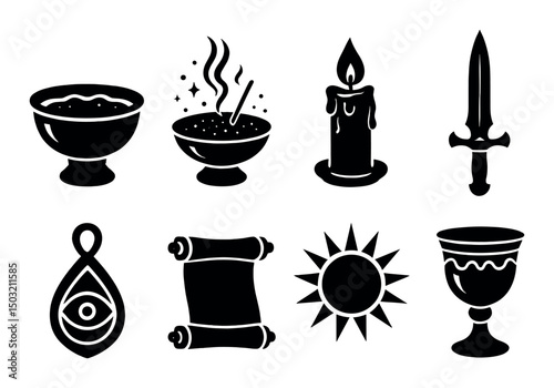 Golden ritual silhouette icons set – spiritual, ceremonial and mystical symbols