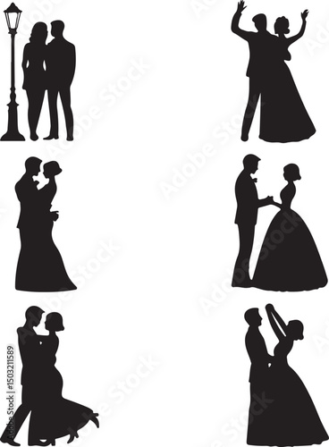 Bride and Groom Wedding Silhouette

Just Married Couple Vector Art

Elegant Wedding Moment Illustration

Romantic Bride & Groom Pose

Classic Wedding Couple Silhouette