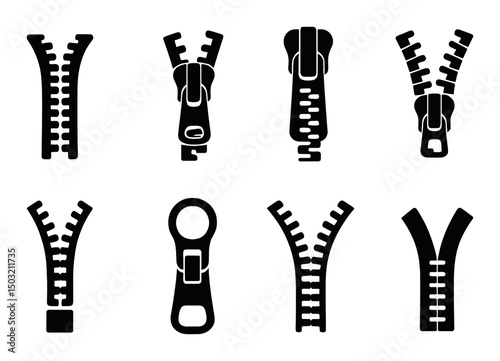 Zipper mechanism icons set – silhouette style, fastener and closure design elements