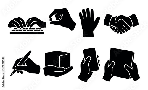 Working hands silhouette icons set – gesture, activity and manual action symbols