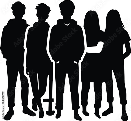 Group of five teenagers silhouette isolated on transparent background