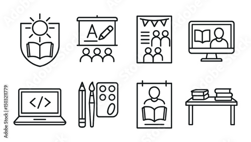 Library and event linear icons set – outline, reading and meeting symbols
