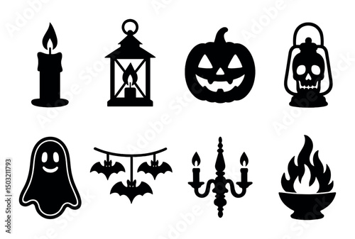 Spooky light silhouette icons set – halloween, ghost and candle shadow symbols