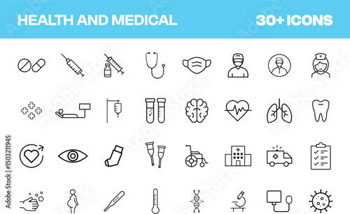 Health and Medical Icons Set. Contains icons related to health and medical: stethoscope, syringe, heart, lungs, brain, tooth, and more. Editable stroke. Vector illustration.