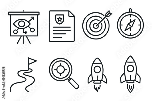 Business and strategy outline icons set – silhouette, planning and analysis symbols photo