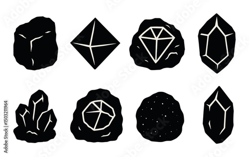 Diamond shapes icons set in silhouette style – crystal, gem, and jewel symbols