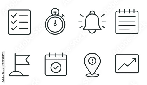 Productivity and task management icons set – outline, efficiency, organization symbols