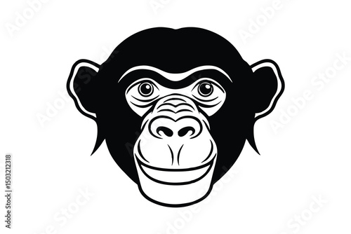 Happy chimpanzee face black and white illustration