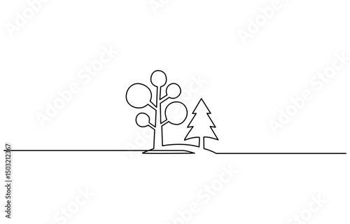 Continuous on Bench in park near tree and lantern. Continuous One line minimalism style drawing. e-line drawing three trees by the road, 