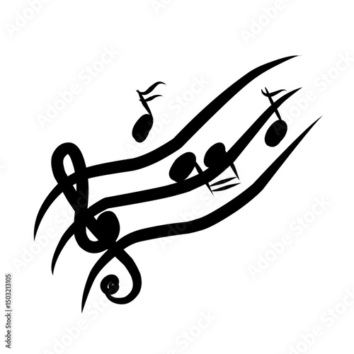 musical symbols: clef and music notes. Handdrawn black water color grungy painting on white background, cut out clip art elements for creative design decoration.