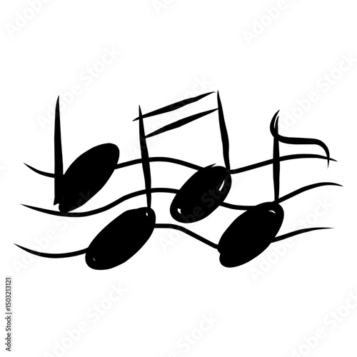 musical symbols: clef and music notes. Handdrawn black water color grungy painting on white background, cut out clip art elements for creative design decoration.