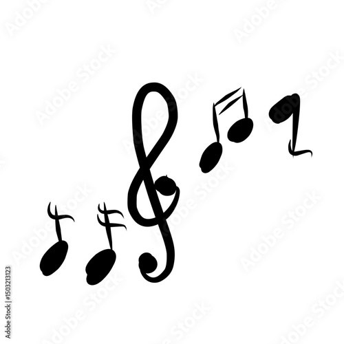 musical symbols: clef and music notes. Handdrawn black water color grungy painting on white background, cut out clip art elements for creative design decoration.