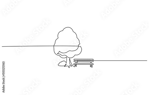 Continuous on Bench in park near tree and lantern. Continuous One line minimalism style drawing. e-line drawing three trees by the road, 