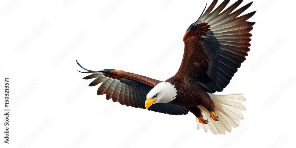 Obraz premium Majestic eagle in flight, wings outstretched against a clean white background, bird of prey, silhouette