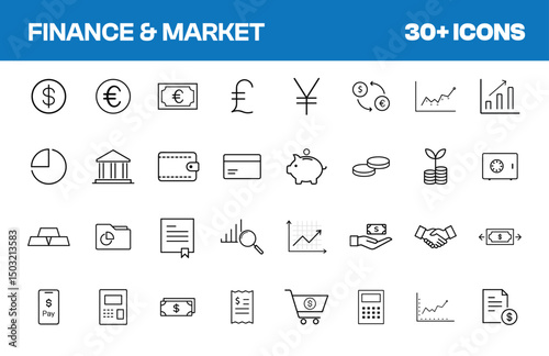 Finance & Market Icons Set. Contains icons related to finance: currency, banking, investment, savings, and more. Editable stroke. Vector illustration.
