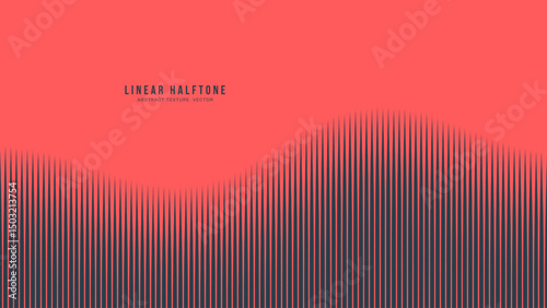 Minimal halftone background with rising wave-form stripes. Black tapering lines on red field build motion and harmony, perfect for music, rhythm and digital aesthetics. Conceptual smooth curved shape