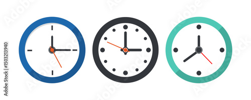 Clock flat icon vector illustration. Wall clock faces, timer clock, watch faces designs for web, app, and creative projects isolated on transparent background, office clock business concept pictogram.