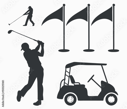 Golf club and ball with golf cart silhouette vector illustration