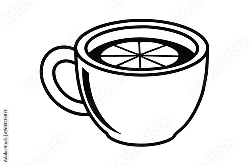 A simple line drawing of a mug of tea with lemon