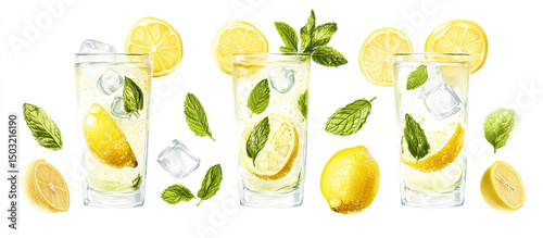 Set of lemonades - tall glasses of lemonade with lemon slices, mint, and ice cubes on a white background photo