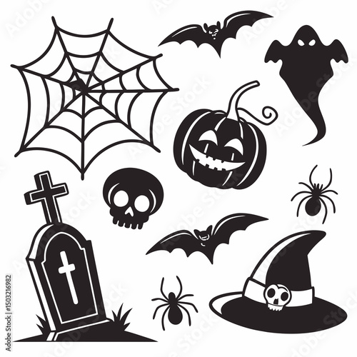 Spooky Halloween Elements Set – Cartoon Vector Icons of Pumpkins, Ghosts, Bats, and More