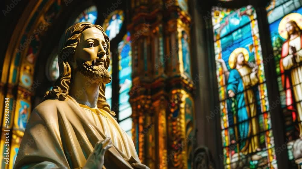 Serene Religious Statue of Jesus in Church Surrounded by Colorful Stained Glass Windows and Divine Symbolism 4k video footage Serene Religious Statue of Jesus in Church Surrounded by Colorful Stained Glass Windows and Divine Symbolism 4k video footage