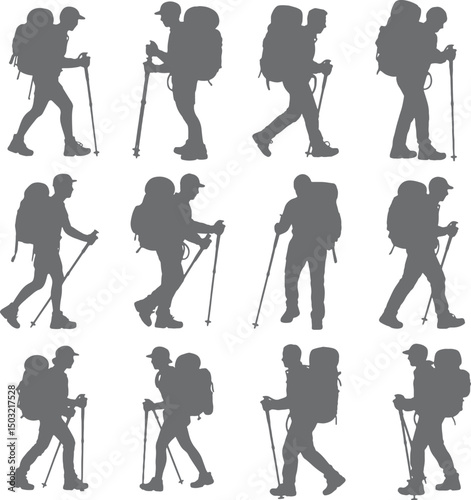Hikers with backpacks trekking silhouettes collection