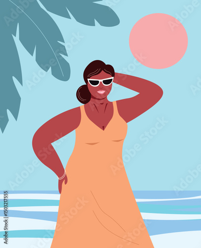 Tanned young woman in a summer dress against the backdrop of the sea, palm trees and the sun. Beautiful femal on vacation. Vector graphics.