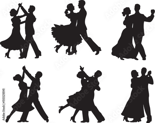 Silhouettes of couples ballroom dancing elegant poses