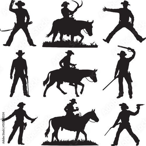Cowboy silhouettes riding horses wild west rodeo