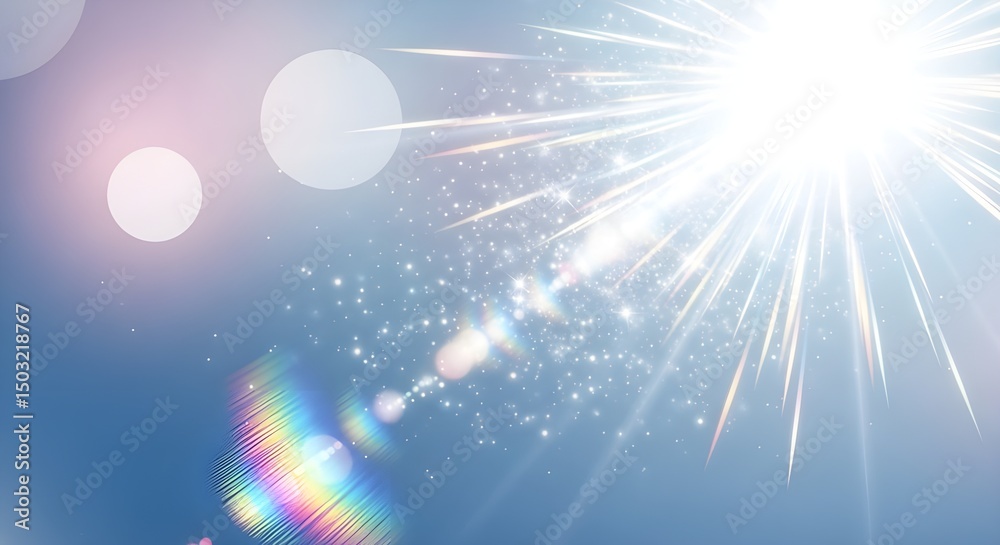 Fototapeta premium Bright Sun with Flare and Sparkles Against Gradient Blue Sky | Optimistic Lighting Effect for Holiday and Celebration Backgrounds, Digital Composites, and Inspirational Imagery