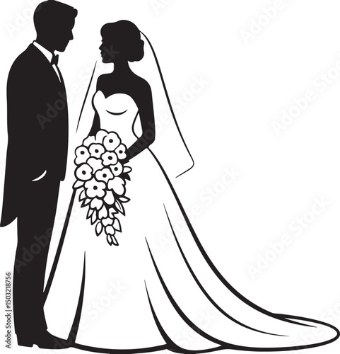Bride and Groom Wedding Silhouette

Just Married Couple Vector Art

Elegant Wedding Moment Illustration

Romantic Bride & Groom Pose

Classic Wedding Couple Silhouette