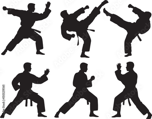 Martial arts silhouettes karate fighters poses