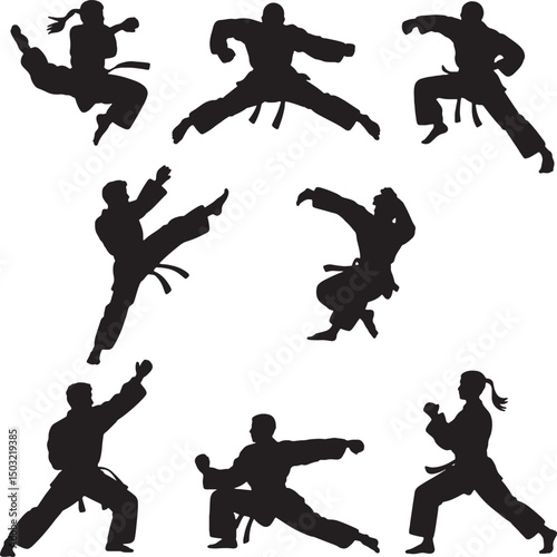 Martial arts silhouettes diverse poses karate taekwondo