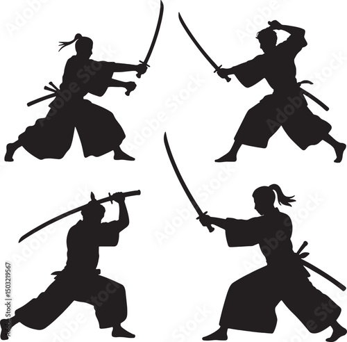 Samurai sword fighting silhouettes action poses