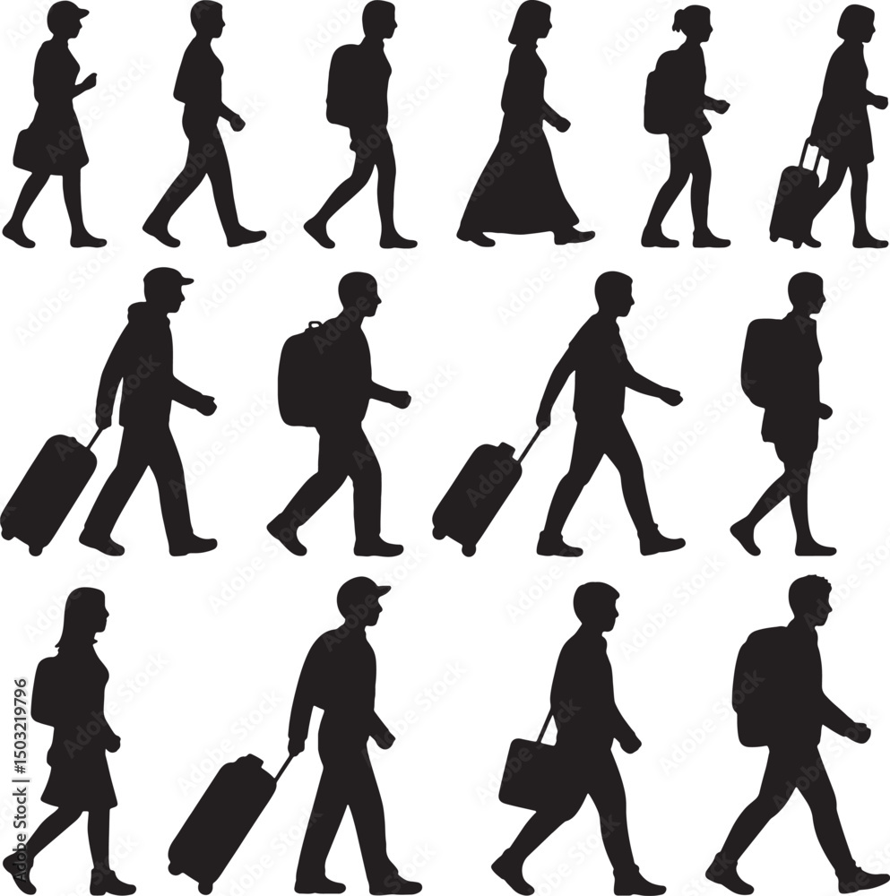 Fototapeta premium Silhouettes of travelers walking with luggage