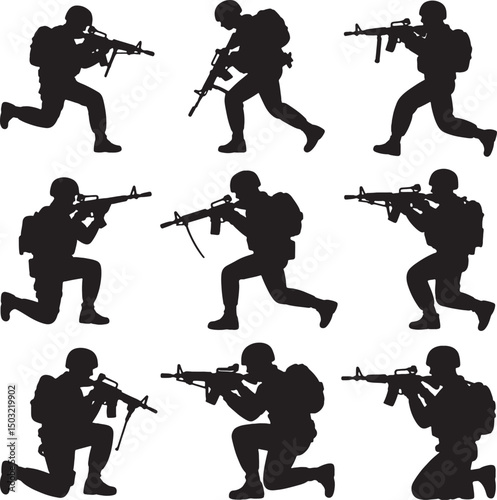 Soldiers silhouettes combat positions weaponry