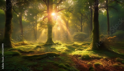 Panoramic view of a forest with sunlight shining through the trees frost