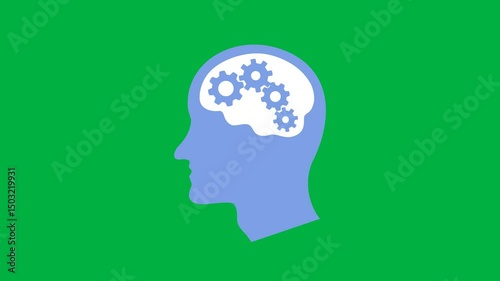 animated rotating gears in the human brain, think, idea and solution concept. animation footage video isolated on green background with alpha channel (transparent).