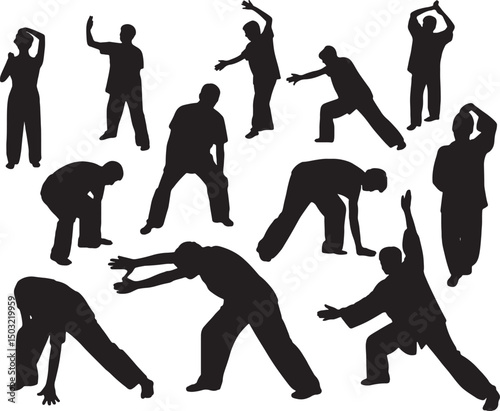 Tai chi chuan exercise silhouettes diverse group